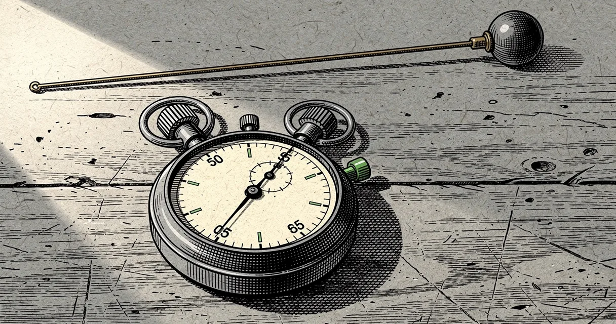 A mechanical stopwatch on a table with a long pendulum behind it