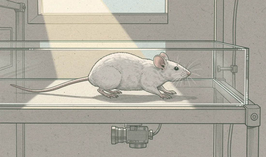 A laboratory mouse walking along a clear-sided gait observation track